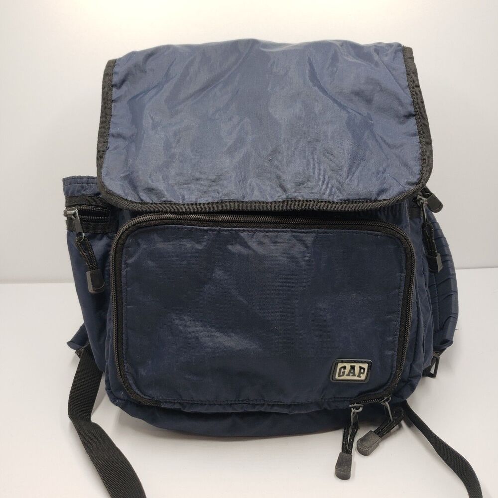 Vintage GAP Navy Blue Nylon Backpack Bag 90s Clear Back Pocket Rucksack Travel